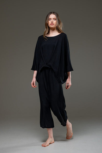 Black Rayon Crepe Full Length elegant pants and fowing batwings Blouse Set