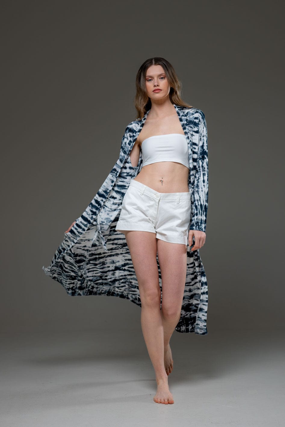 Elastic rayon Stripe Design Tie Dye Pattern Elegant Chic Long Sleeve Long Open Jacket