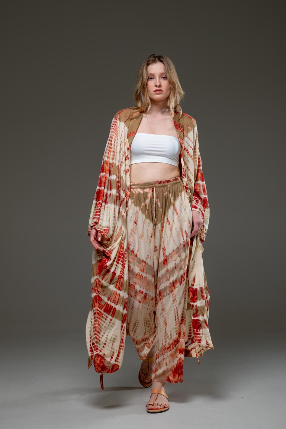 Elegant  Soft  Rayon Beige red artistic tie dye Pant & Long Kimono Set