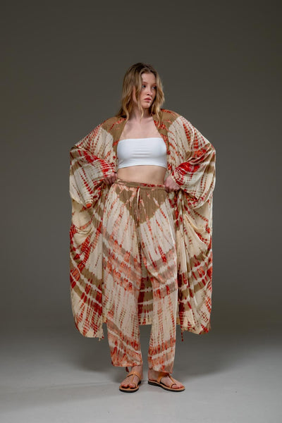 Elegant  Soft  Rayon Beige red artistic tie dye Pant & Long Kimono Set