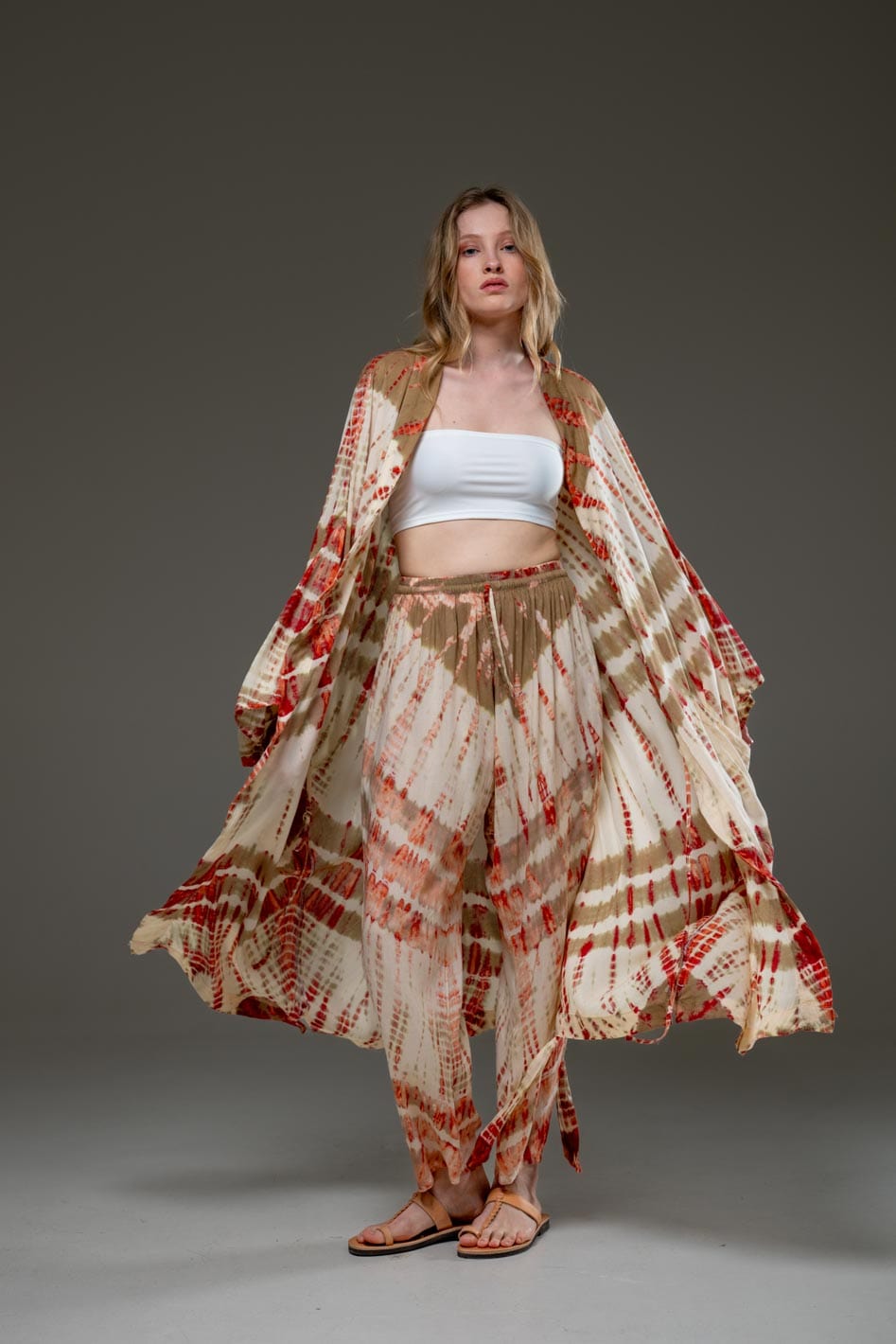 Elegant  Soft  Rayon Beige red artistic tie dye Pant & Long Kimono Set