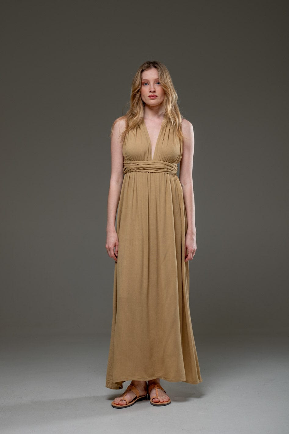 GOlden Sand Color Rayon Crepe Infinity Convertible A line Long Dress 