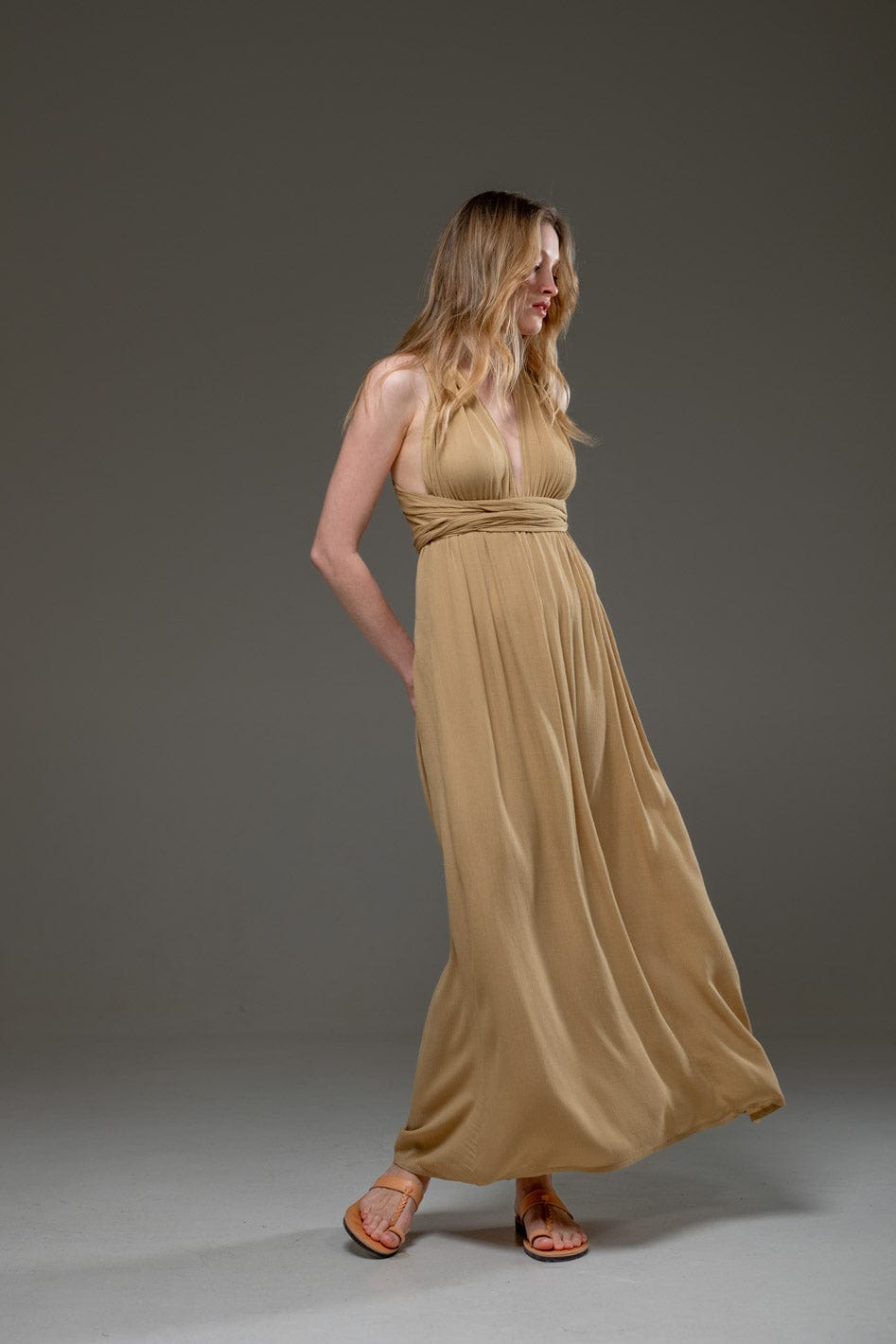 GOlden Sand Color Rayon Crepe Infinity Convertible A line Long Dress 