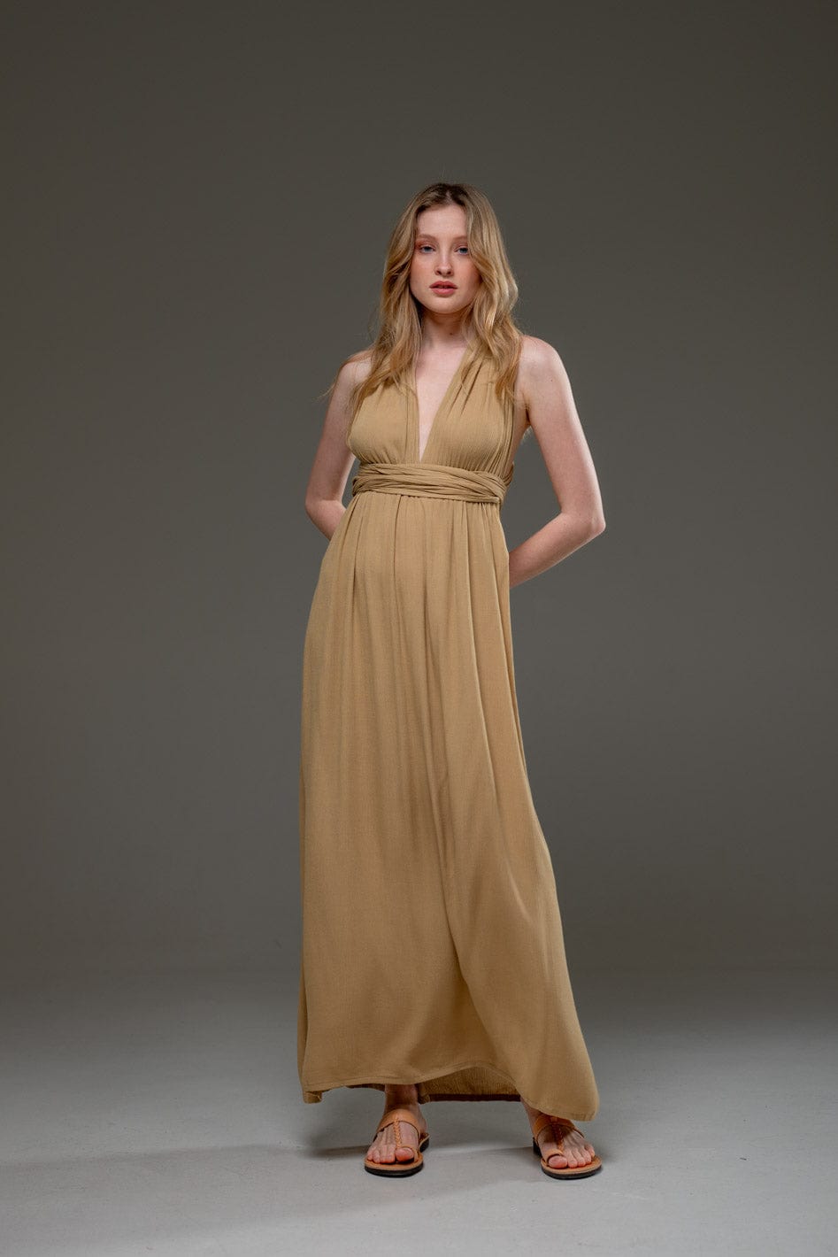 GOlden Sand Color Rayon Crepe Infinity Convertible A line Long Dress 