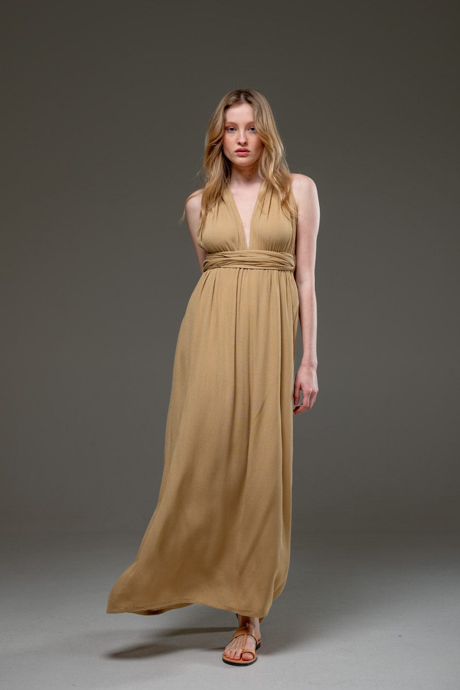 GOlden Sand Color Rayon Crepe Infinity Convertible A line Long Dress 