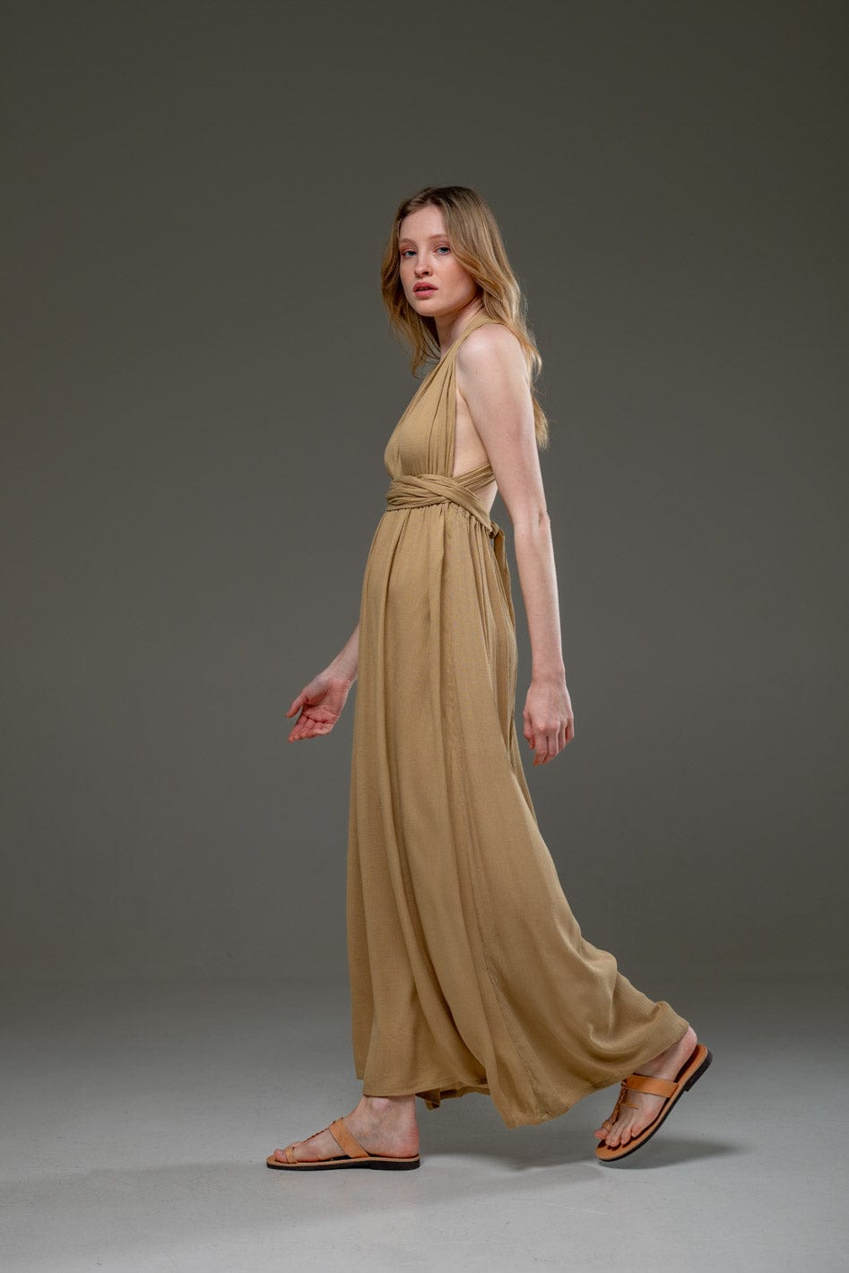 GOlden Sand Color Rayon Crepe Infinity Convertible A line Long Dress 