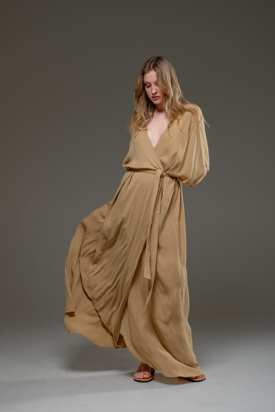 Golden Sand Color Rayon Crepe Elegant Chic adjustable short sleeves self tie belt wrap Long Dress 