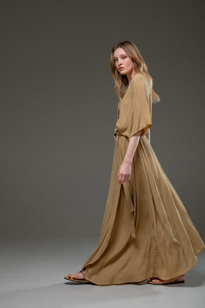 Golden Sand Color Rayon Crepe Elegant Chic adjustable short sleeves self tie belt wrap Long Dress 