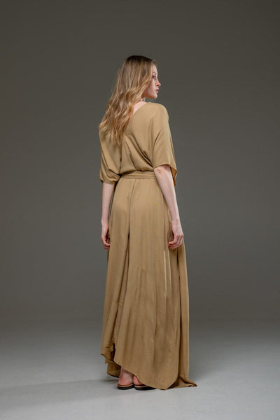 Golden Sand Color Rayon Crepe Elegant Chic adjustable short sleeves self tie belt wrap Long Dress 