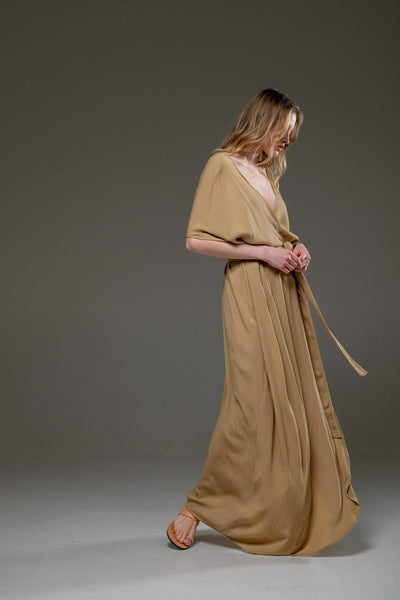 Golden Sand Color Rayon Crepe Elegant Chic adjustable short sleeves self tie belt wrap Long Dress 