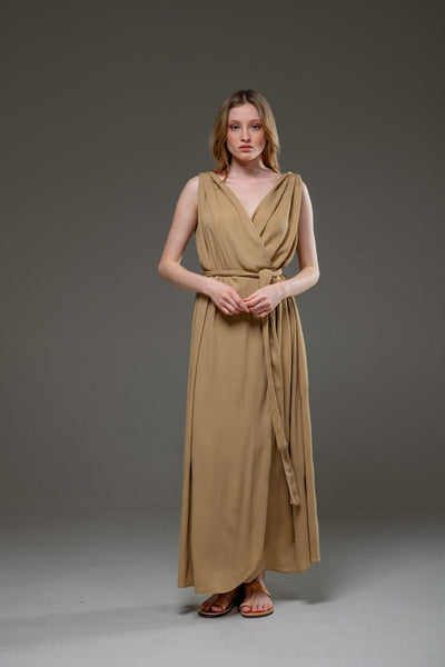 Golden Sand Color Rayon Crepe Elegant Chic adjustable short sleeves self tie belt wrap Long Dress 