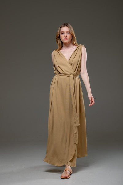 Golden Sand Color Rayon Crepe Elegant Chic adjustable short sleeves self tie belt wrap Long Dress 