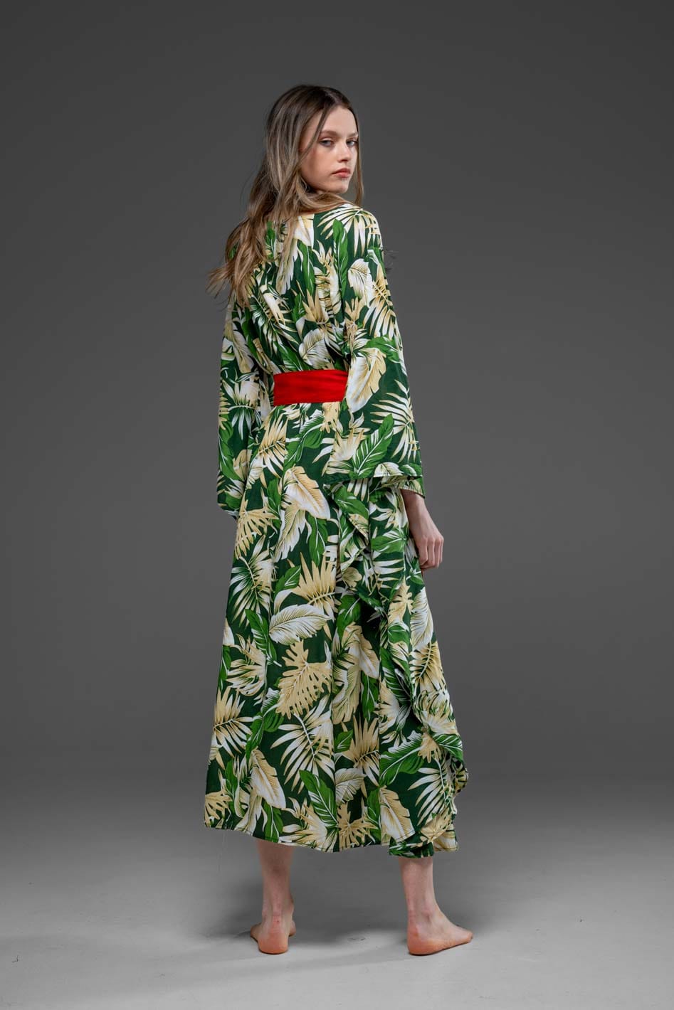 Green Leaf Pattern with Side Round splits Long Kaftan Dress With Belt 