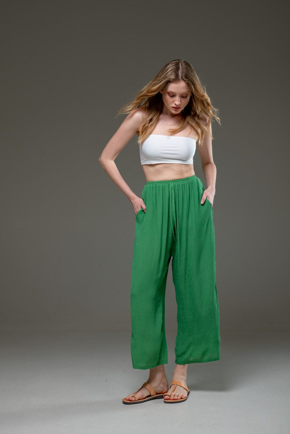 Green Rayon Crepe Full Length elegant pants