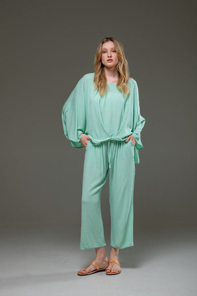 Pal Green Rayon Crepe Full Length elegant pants and fowing batwings Blouse Set