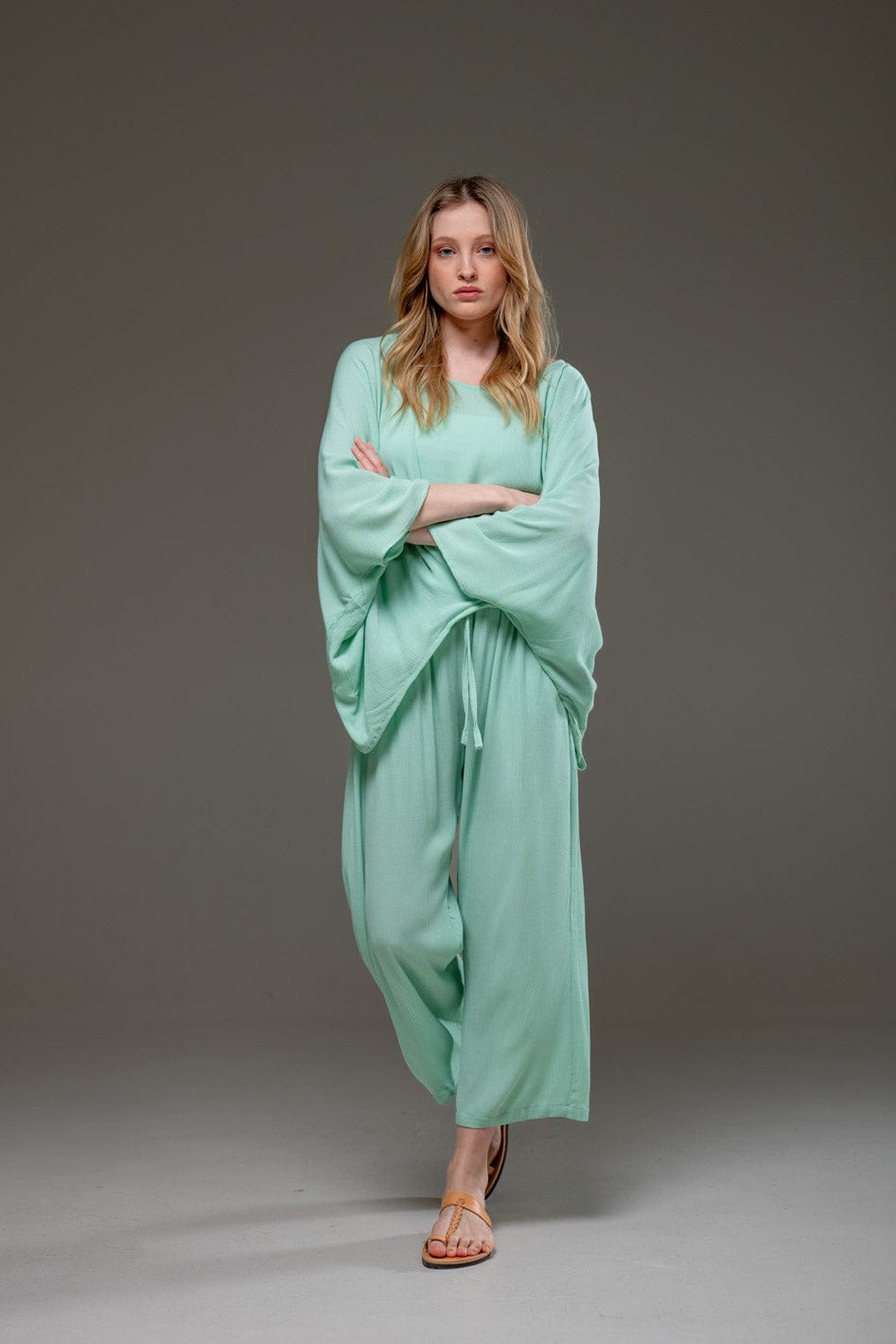Pal Green Rayon Crepe Full Length elegant pants and fowing batwings Blouse Set
