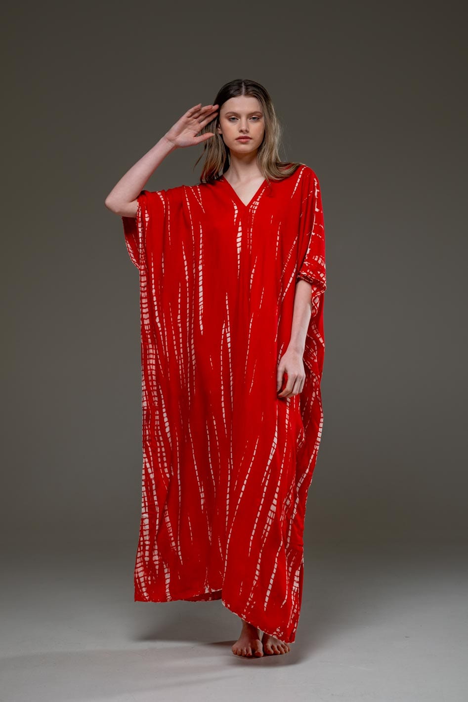 Rayon V Neckline Red Tye Dye Long Kaftan Dress