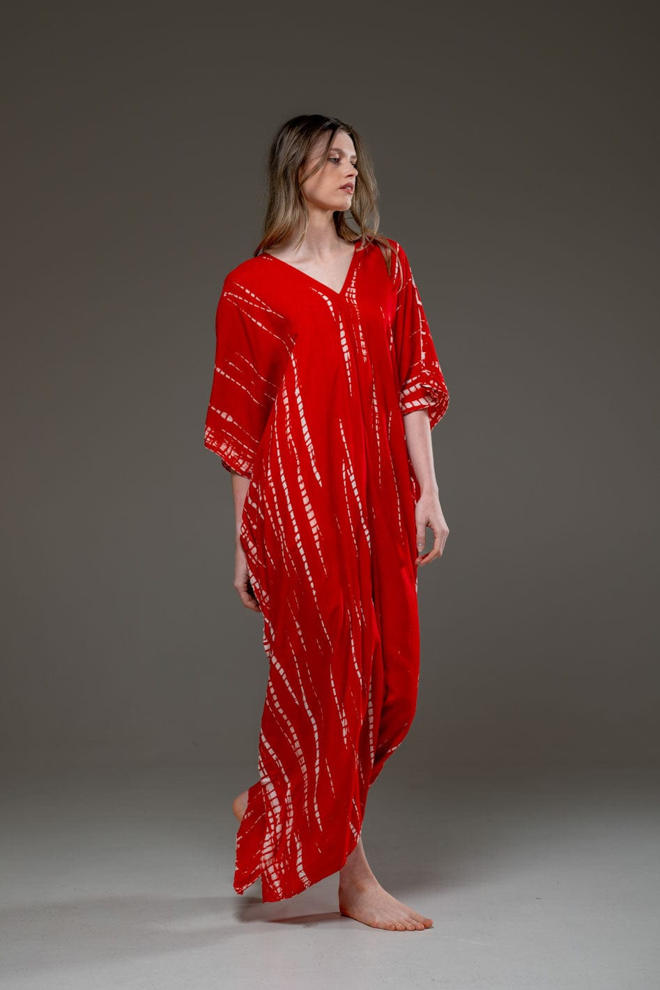 Rayon V Neckline Red Tye Dye Long Kaftan Dress