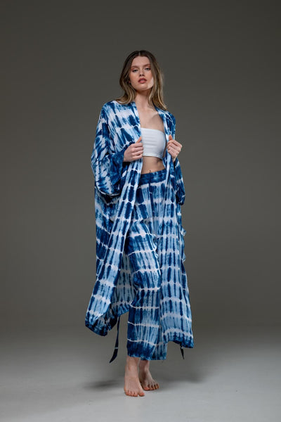 Soft  Rayon Blue tie dye Pant and Long Kimino Set