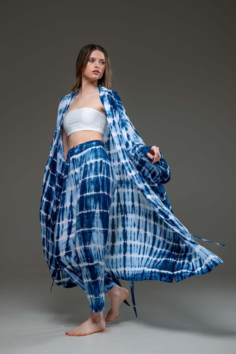 Soft  Rayon Blue tie dye Pant and Long Kimino Set