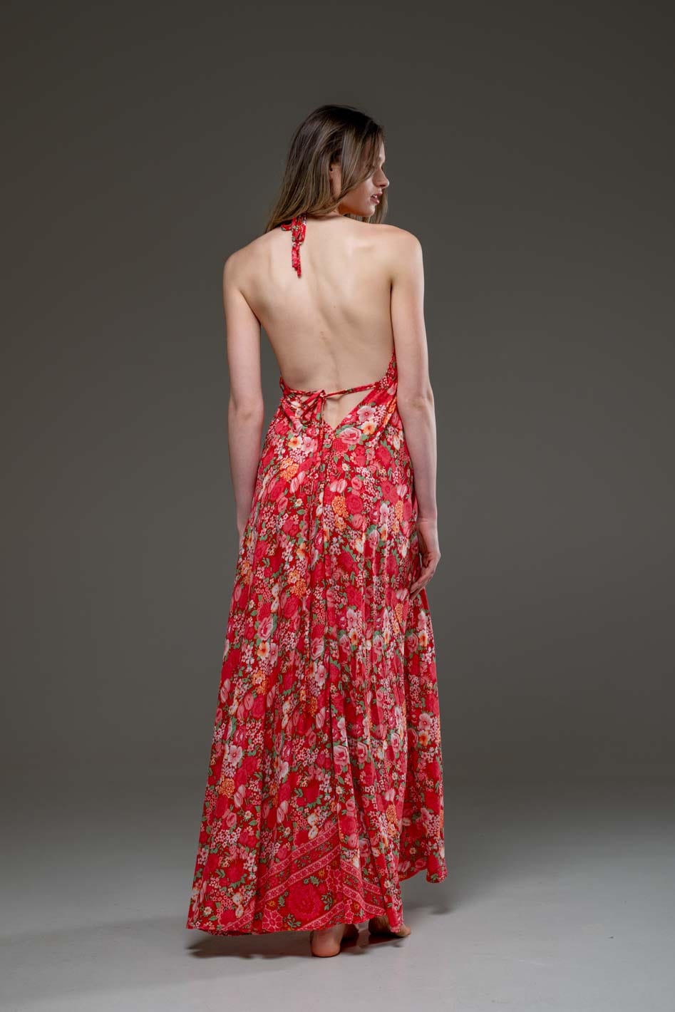 Super soft Rayon V Neckline Red Flower print Low Back Long Strap Dress