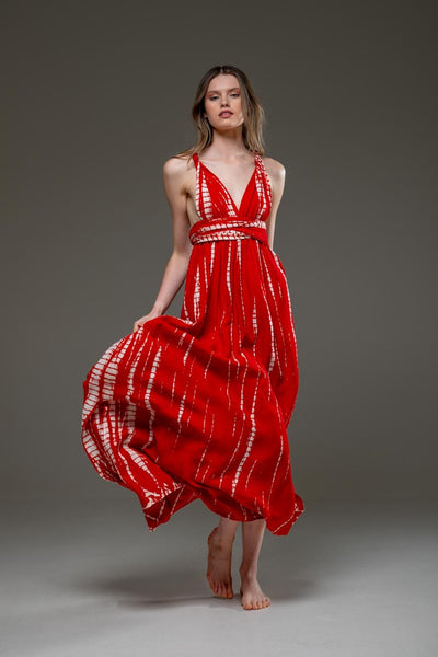 Red Tie Dye Rayon Infinity Convertible A line Long Dress