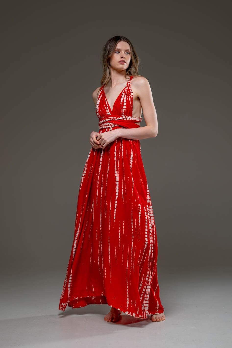 Red Tie Dye Rayon Infinity Convertible A line Long Dress